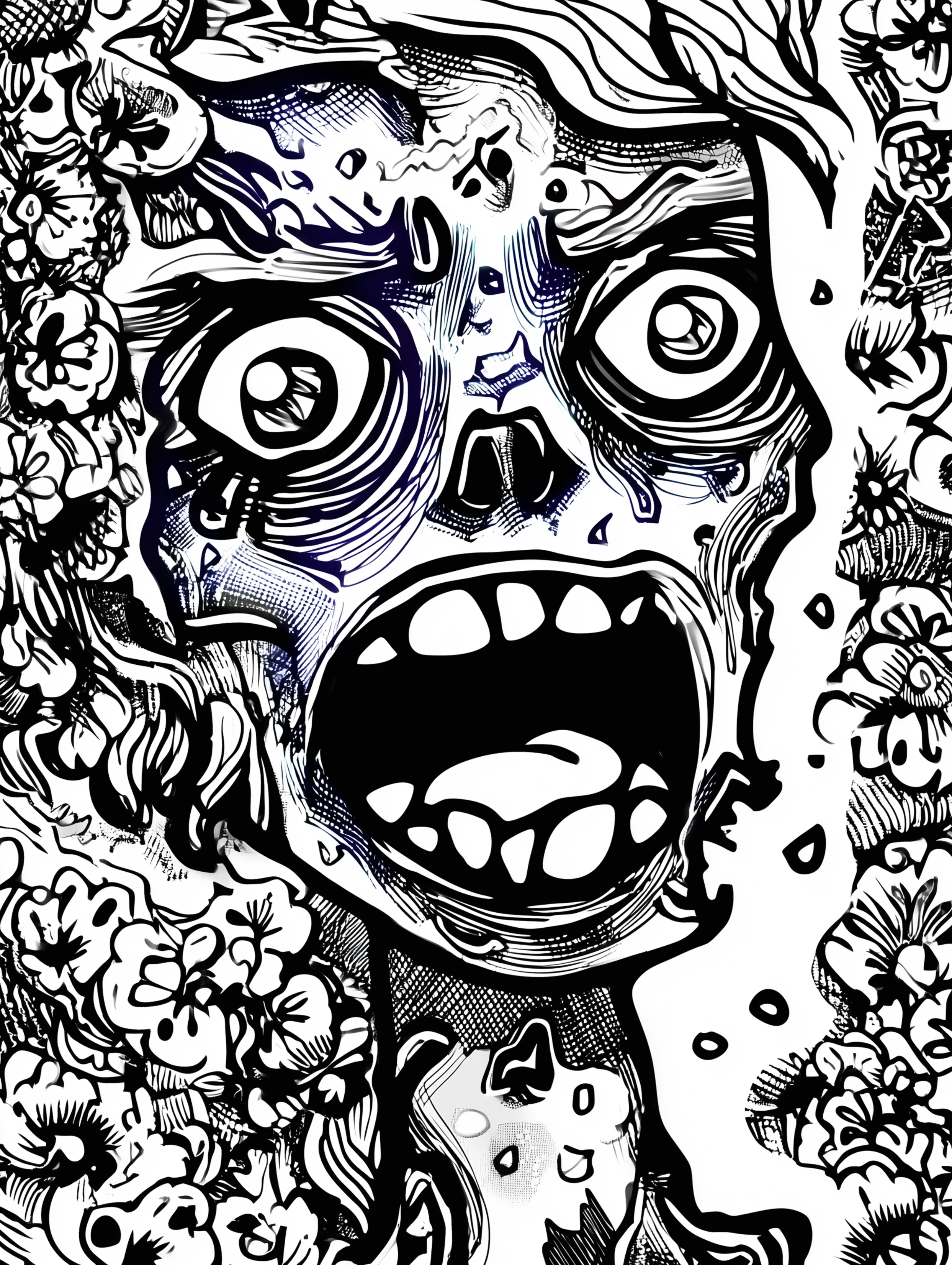 Free printable zombie coloring page for adults featuring a zombie yelling